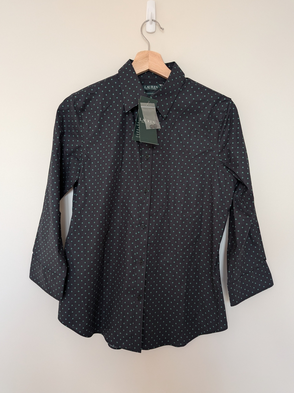 Ralph Lauren Black Button-Up Shirt with Green Polka Dots